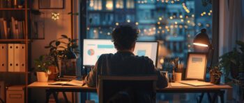 Mann mit Locken sitzt an Schreibtisch vor n&auml;chtlicher Stadtkulisse