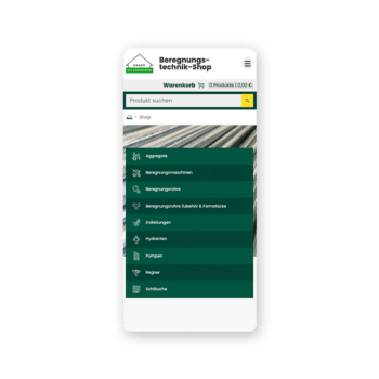 Mobiler Screenshot des Onlineshops f&uuml;r Bew&auml;sserungstechnik des Raiffeisen Lagerhaus Marchfeld mit Suchleiste, Warenkorb und Men&uuml; mit Kategorien wie Pumpen, Hydranten, Regner, Schl&auml;uche und Zubeh&ouml;r.