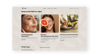 Ein Abschnitt der Website zeigt drei Guardi-Artikel mit Bildern: eine Frau, die sich das Gesicht eincremt, eine Frau, die l&auml;chelnd eine Grapefruitscheibe h&auml;lt, und H&auml;nde, die Zitronensaft auspressen. Die Titel der Artikel und kurze Beschreibungen stehen unter jedem Bild.
