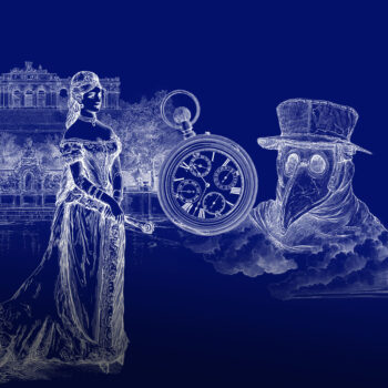 Eine digitale Illustration auf blauem Hintergrund zeigt eine Frau in einem viktorianischen Kleid, eine schwebende Taschenuhr und eine Figur mit einer Pestarztmaske, mit schwachen Umrissen historischer Gebäude und subtilen Motiven des Barrierefreiheitsgesetzes im Hintergrund.