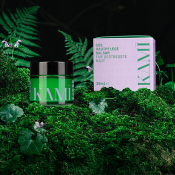 Ein grüner Tiegel und eine rosafarbene Schachtel mit der Aufschrift KAMI Hautpflegebalsam vom Raiffeisen Lagerhaus Marchfeld stehen auf üppigem grünen Moos mit Farnen und kleinen Blumen und bilden einen natürlichen, waldähnlichen Hintergrund.