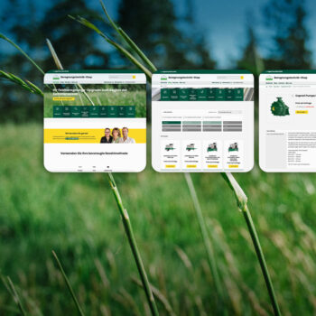 Drei Bildschirme mit der grün-weißen Website eines Maschinenbauunternehmens schweben über hohem Gras und einem unscharfen Außenhintergrund und verbinden im einzigartigen Layout jedes Abschnitts modernes Design mit einem Hauch von „Time Travel Vienna“.